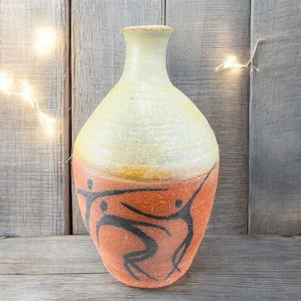 Vintage‎ Hand Made Folk Art Pottery Stoneware Vase Vessel Bottle Dancing People